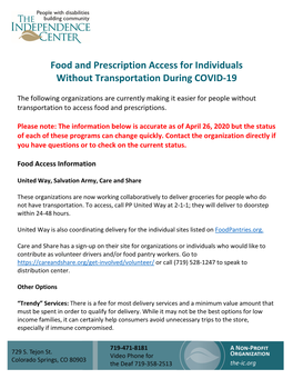 Food and Prescription Access for Individuals Without Transportation During COVID-19