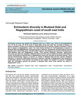Echinoderm Diversity in Mudasal Odai and Nagapattinam Coast of South East India