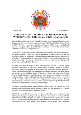 INTERNATIONAL BUDDHIST ANNIVERSARY for WORLD PEACE – BODHGAYA, INDIA – Jan 2 - 6, 2008