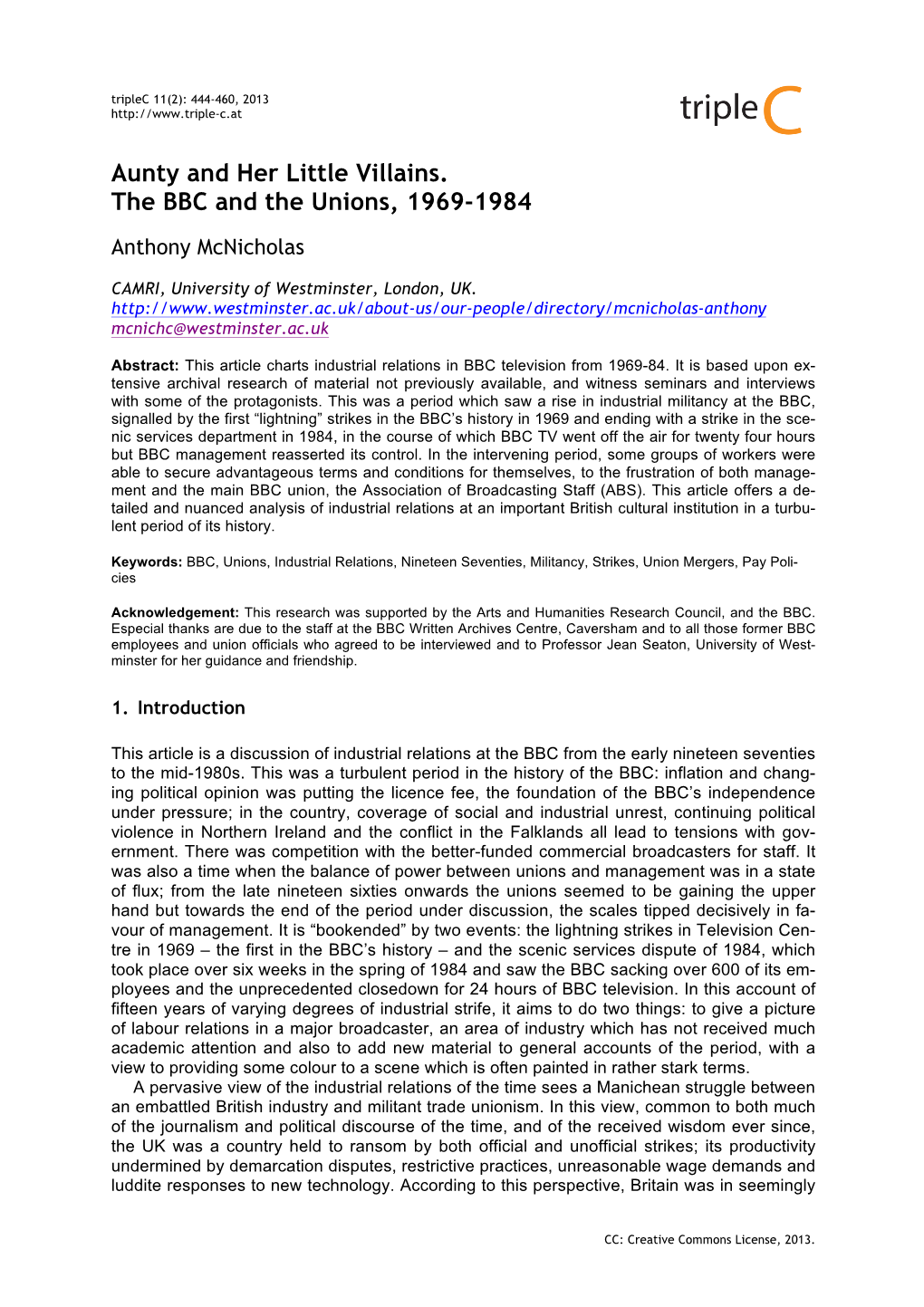 Aunty and Her Little Villains. the BBC and the Unions, 1969-1984