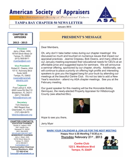 Tampa Bay Chapter 50 News Letter President's Message