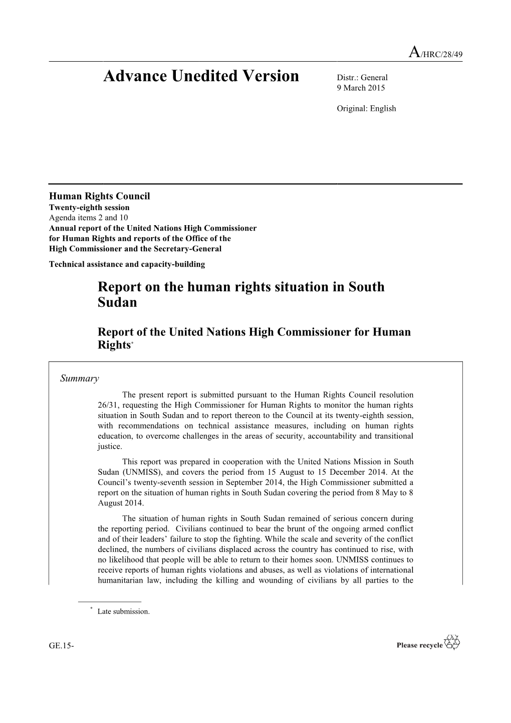 Report of the United Nations High Commissioner for Human Rights On