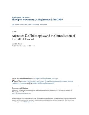 Aristotle's De Philosophia and the Introduction of the Fifth Lee Ment David E