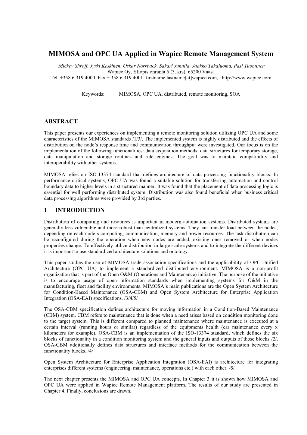 MIMOSA and OPC UA Applied in Wapice Remote Management System