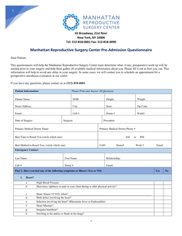 Manhattan Reproductive Surgery Center Pre-Admission Questionnaire