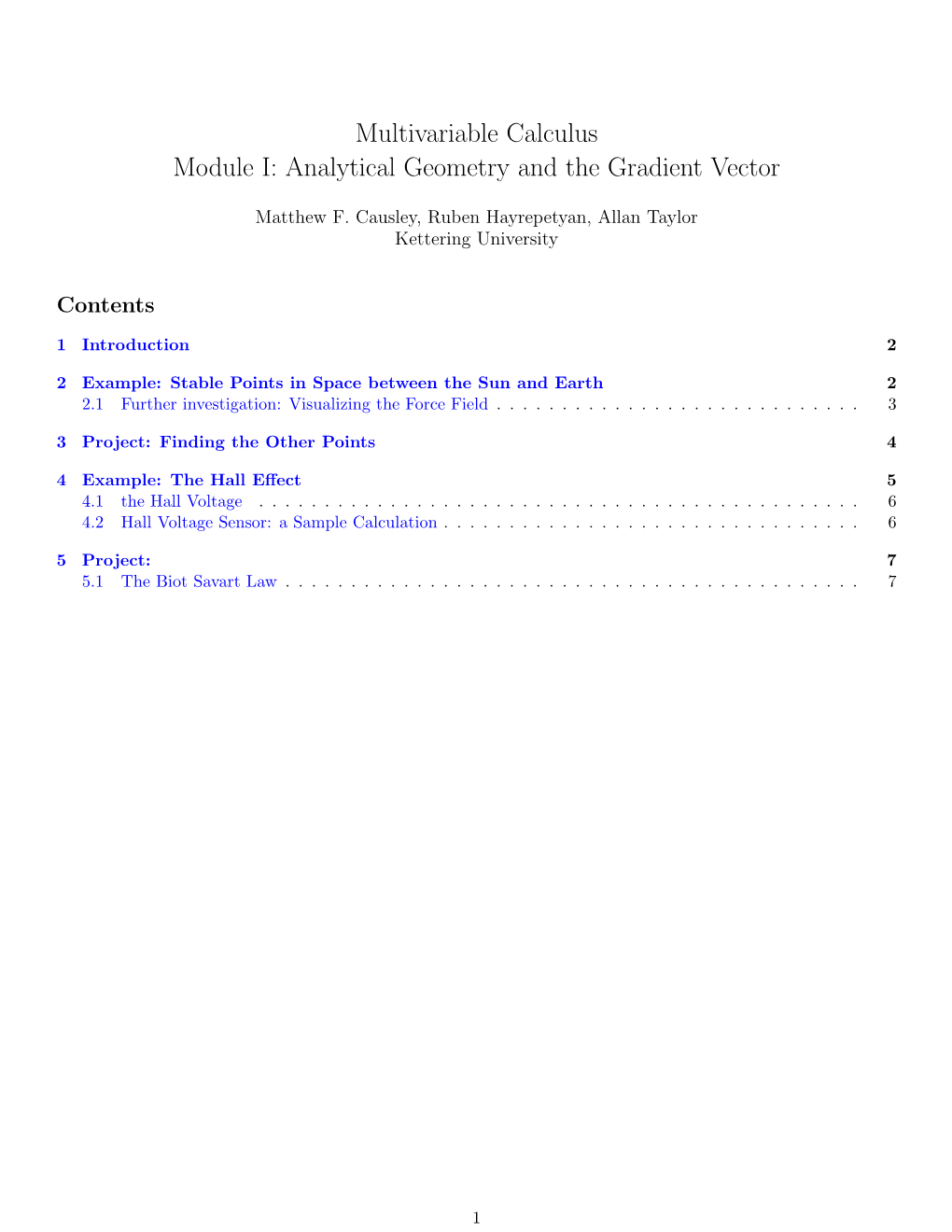 Multivariable Calculus Module I: Analytical Geometry and the Gradient Vector