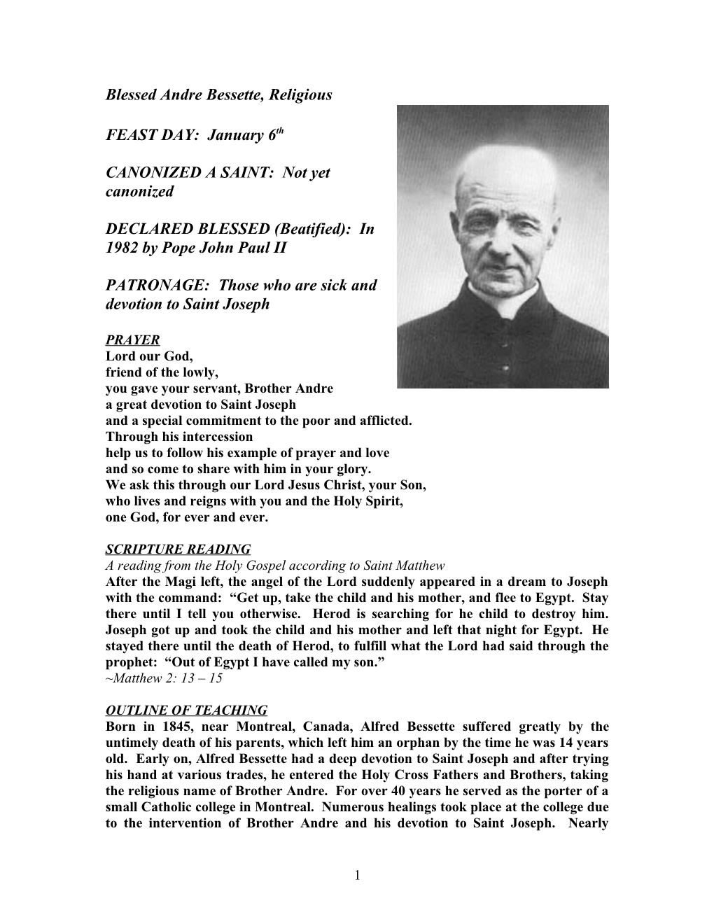 BLESSED ANDRE BESSETTE, Religious