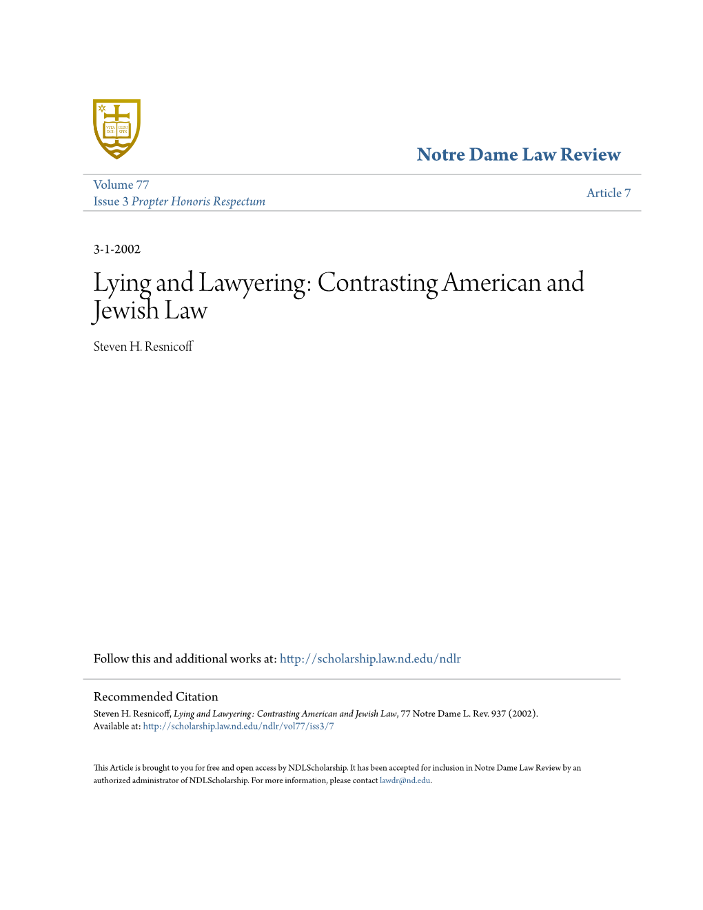 Lying and Lawyering: Contrasting American and Jewish Law Steven H