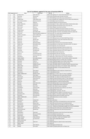 List of Candidates Applied for the Post of Assistant BPS-16 S.No Appplication No