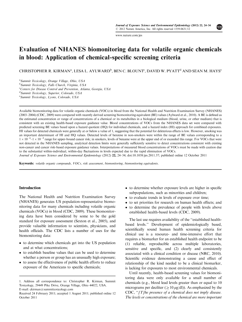 Evaluation of NHANES Biomonitoring Data for Volatile Organic Chemicals in Blood: Application of Chemical-Speciﬁc Screening Criteria