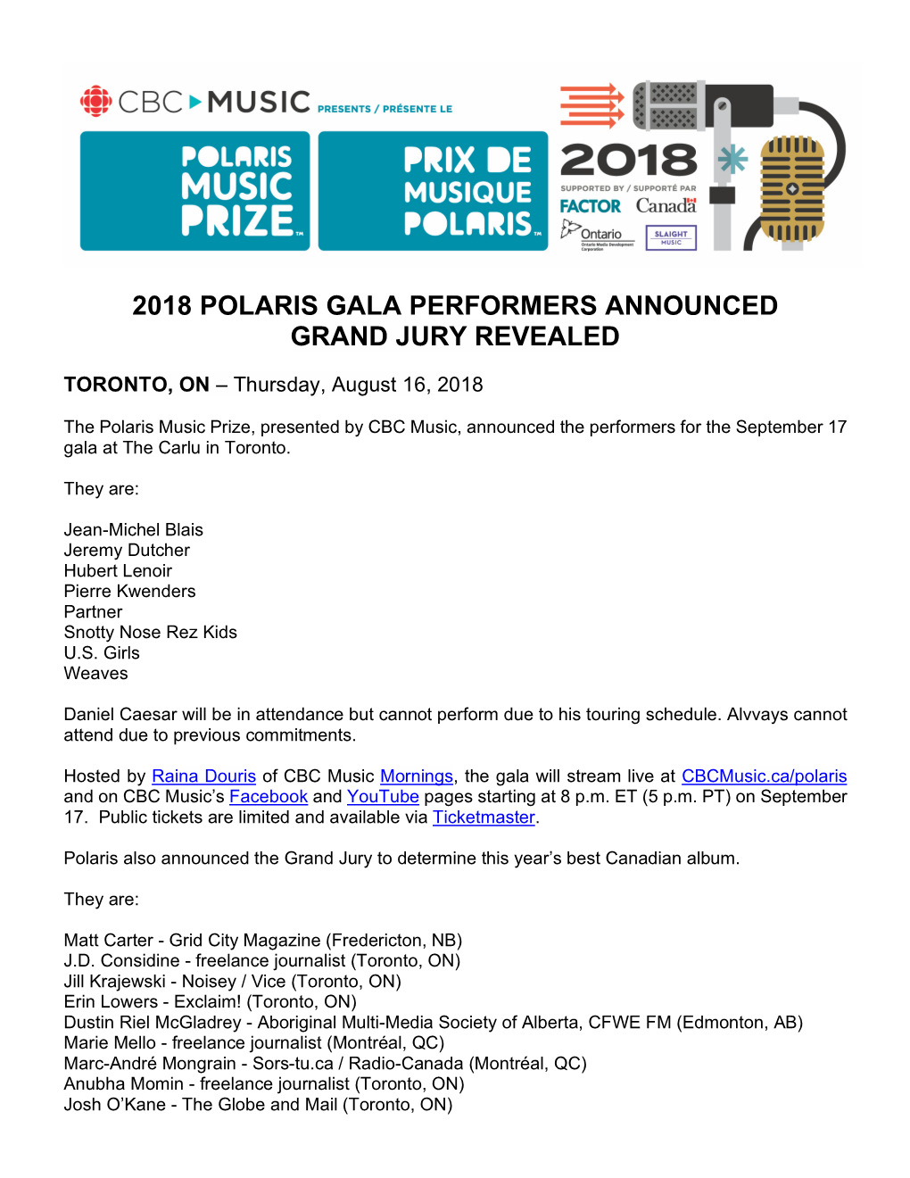 2018 Polaris Gala Performers Announced Grand Jury Revealed