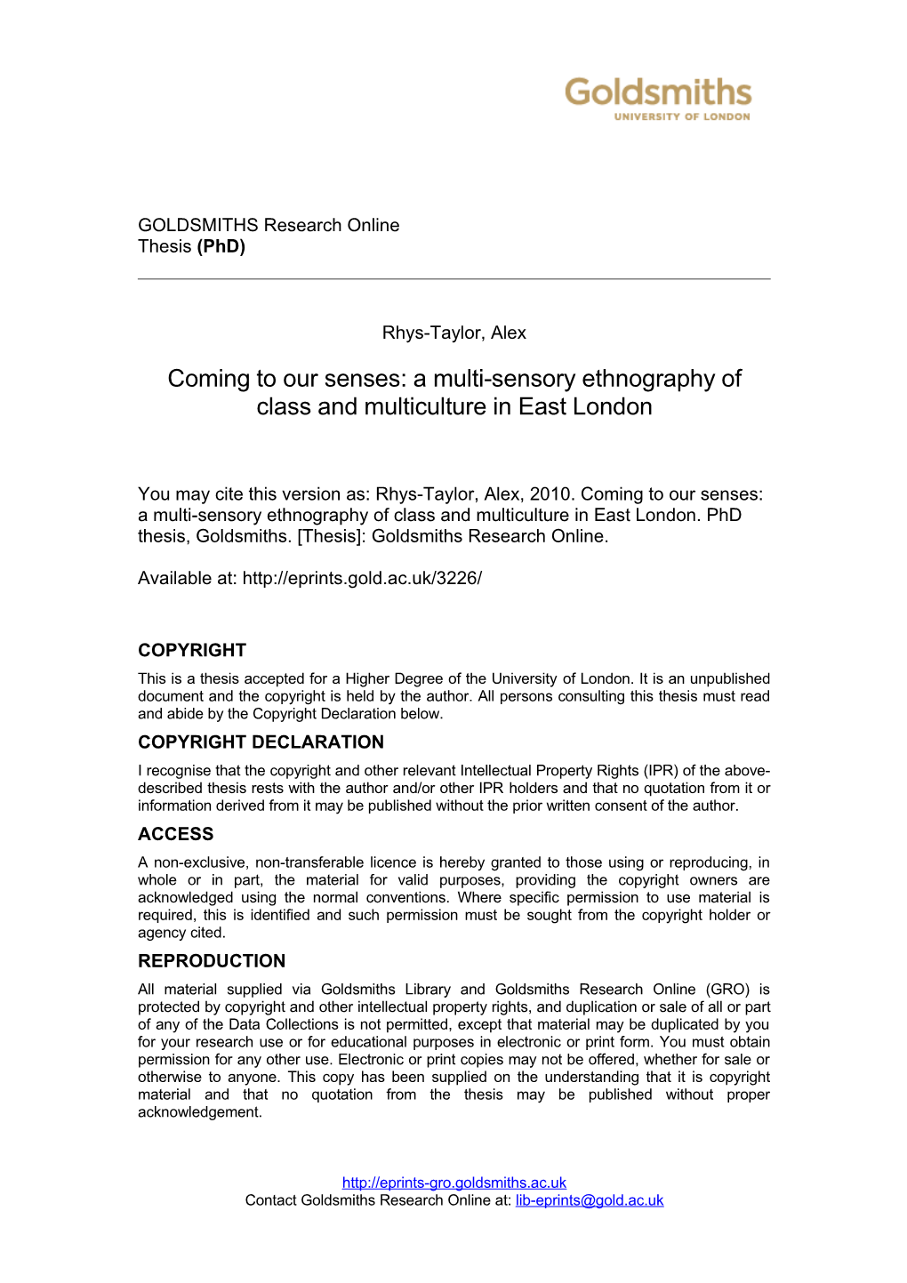 A Multi-Sensory Ethnography of Class and Multiculture in East London