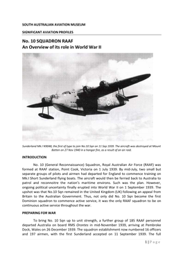 No. 10 SQUADRON RAAF an Overview of Its Role in World War II