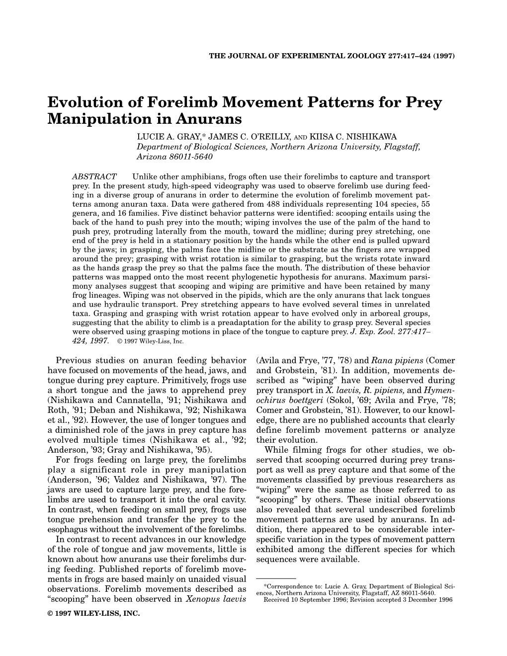 Evolution of Forelimb Movement Patterns for Prey Manipulation in Anurans