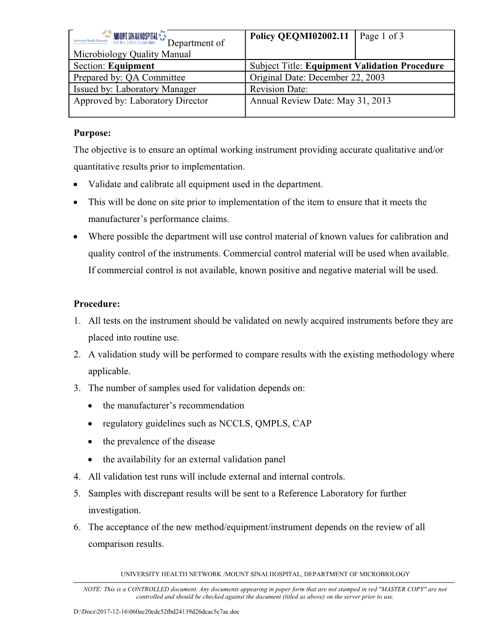 Procedure: Validation and Calibration of Equipment