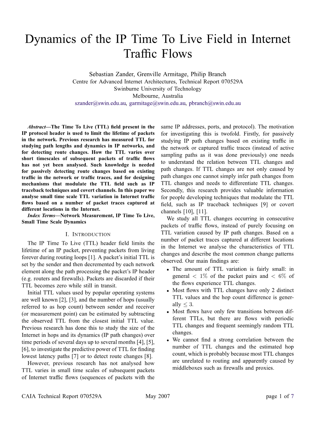 Dynamics of the IP Time to Live Field in Internet Traffic Flows