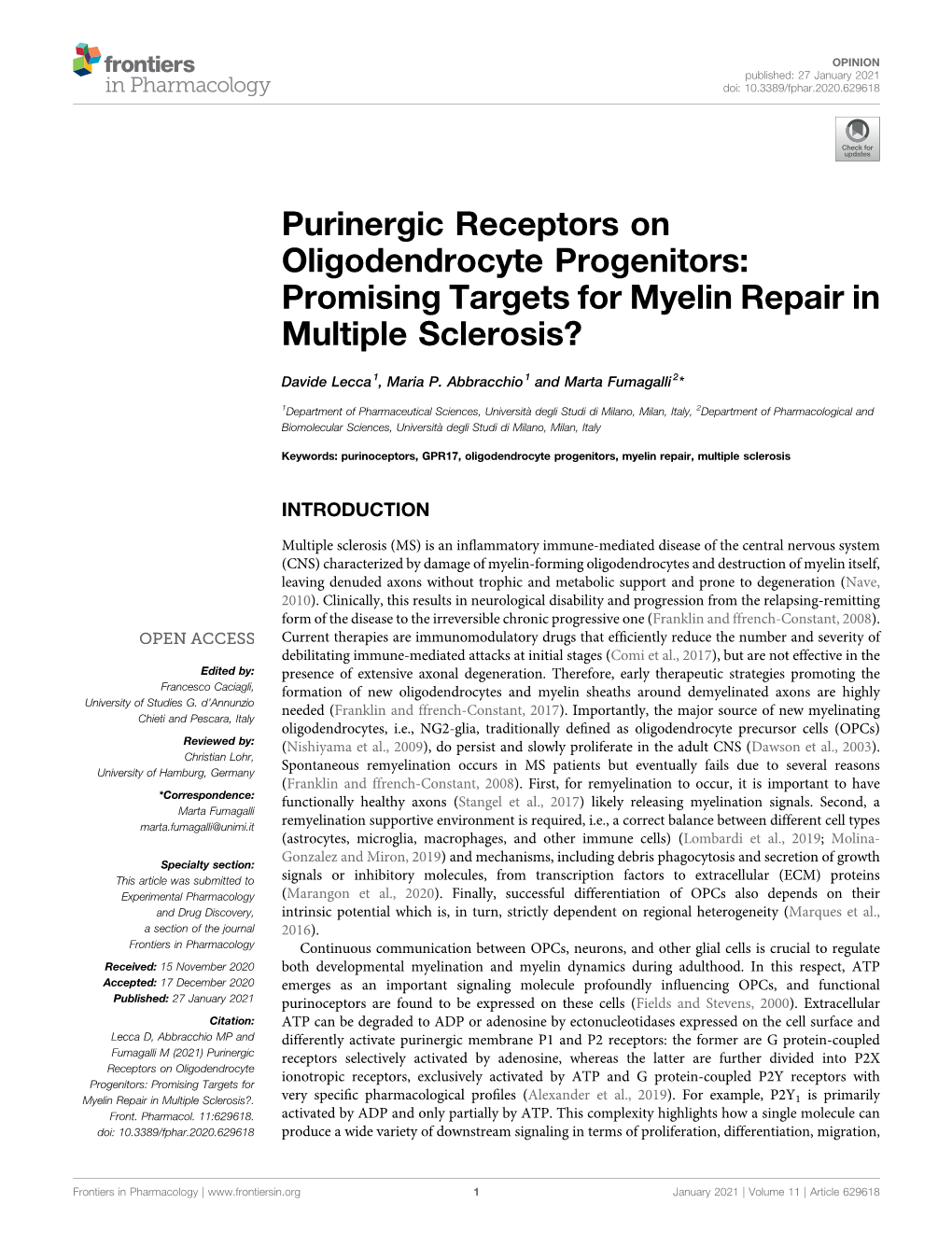 Purinergic Receptors on Oligodendrocyte Progenitors: Promising Targets for Myelin Repair in Multiple Sclerosis?