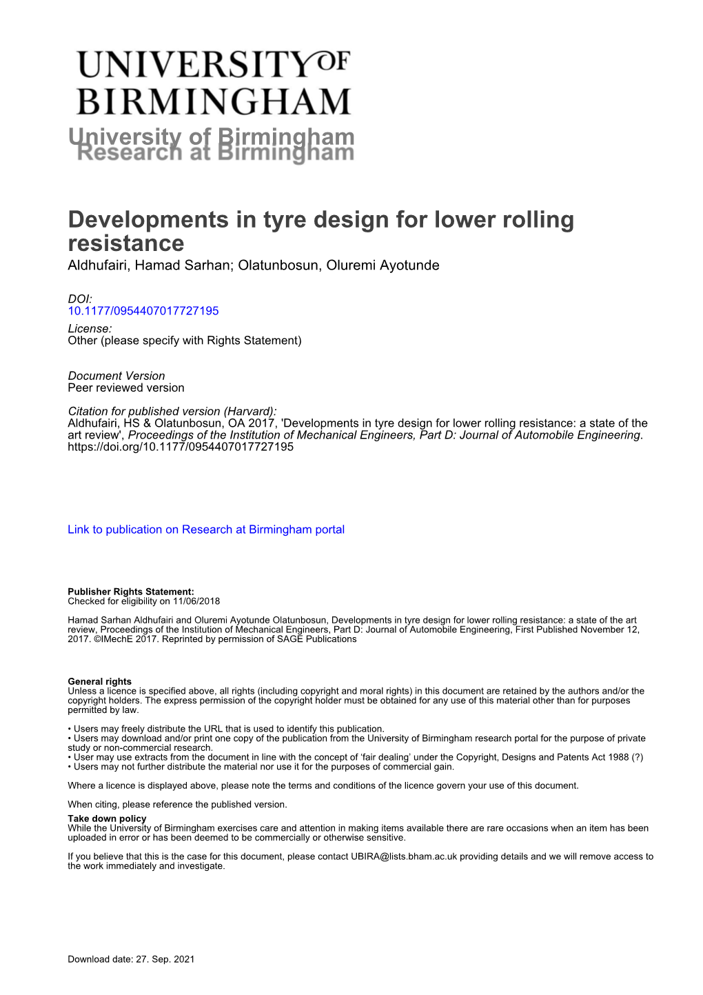 University of Birmingham Developments in Tyre Design for Lower Rolling Resistance