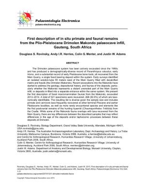 First Description of in Situ Primate and Faunal Remains from the Plio-Pleistocene Drimolen Makondo Palaeocave Infill, Gauteng, South Africa