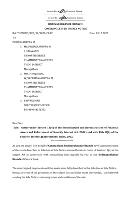 BODINAYAKKANUR BRANCH COVERING LETTER to SALE NOTICE Ref: THENI RO/REC/12/2020-21:RP Date: 23.12.2020 to PERIAKARUPPAN M 1