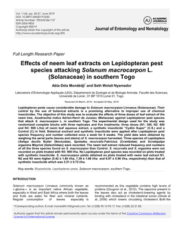 Effects of Neem Leaf Extracts on Lepidopteran Pest Species Attacking Solanum Macrocarpon L