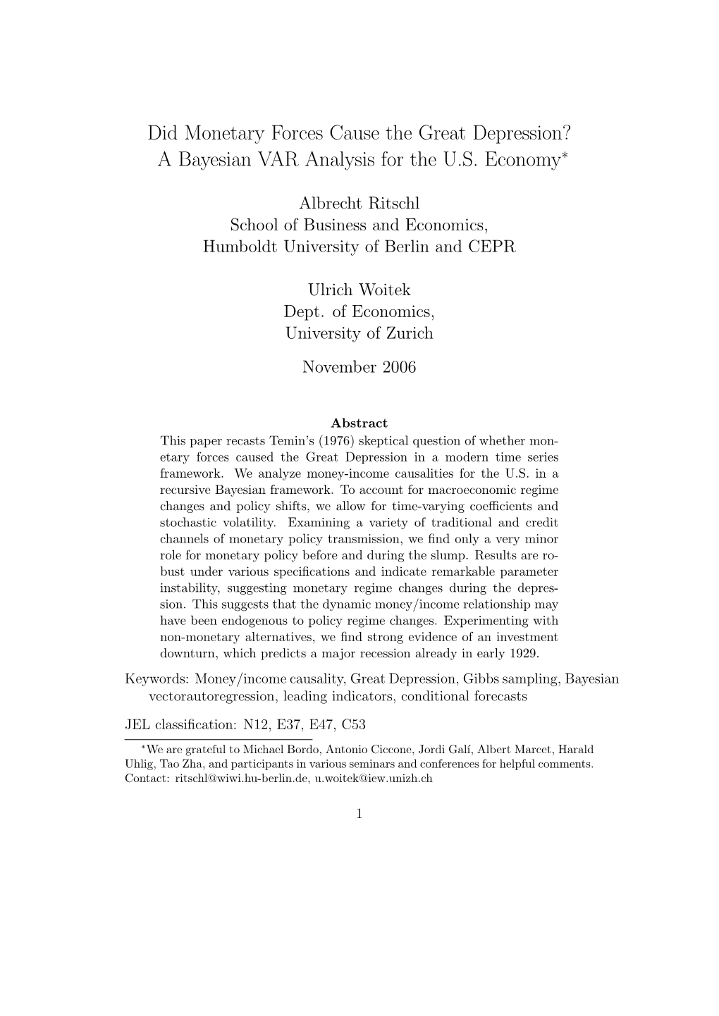 Did Monetary Forces Cause the Great Depression? a Bayesian VAR Analysis for the U.S