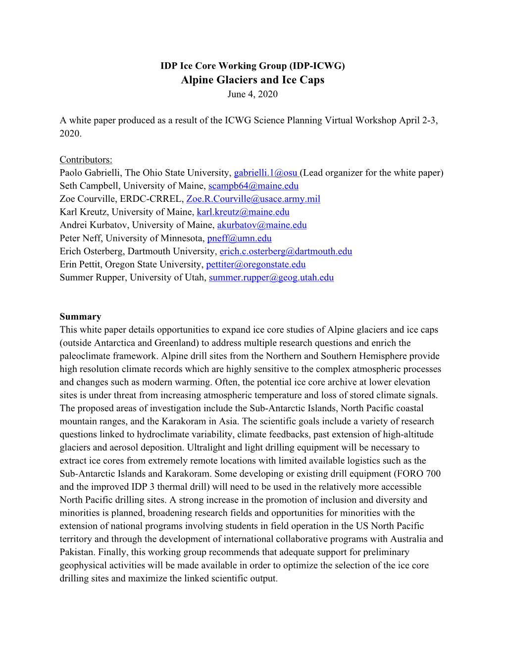 Ice Core Working Group (IDP-ICWG) Alpine Glaciers and Ice Caps June 4, 2020