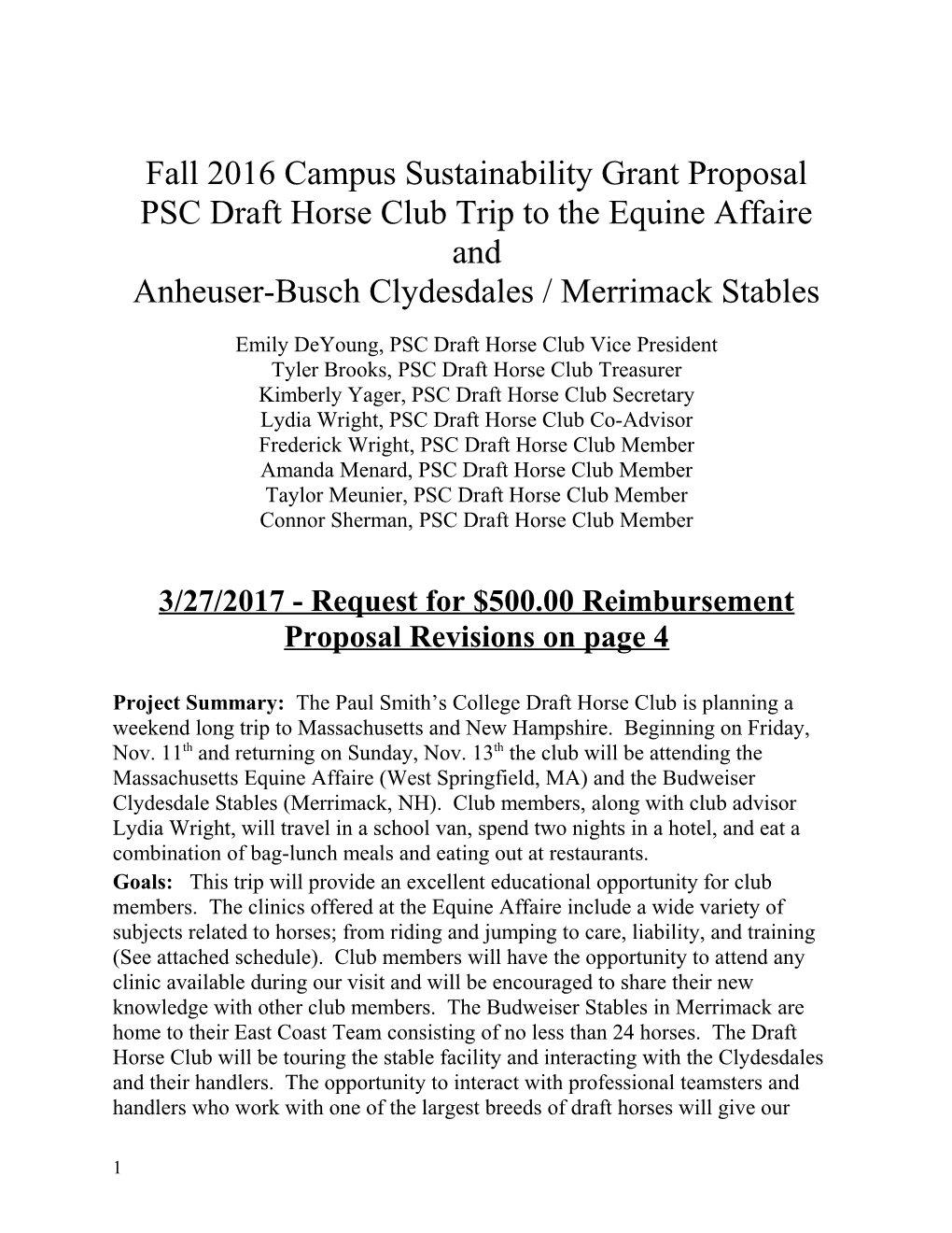 Fall 2016 Campus Sustainability Grant Proposal