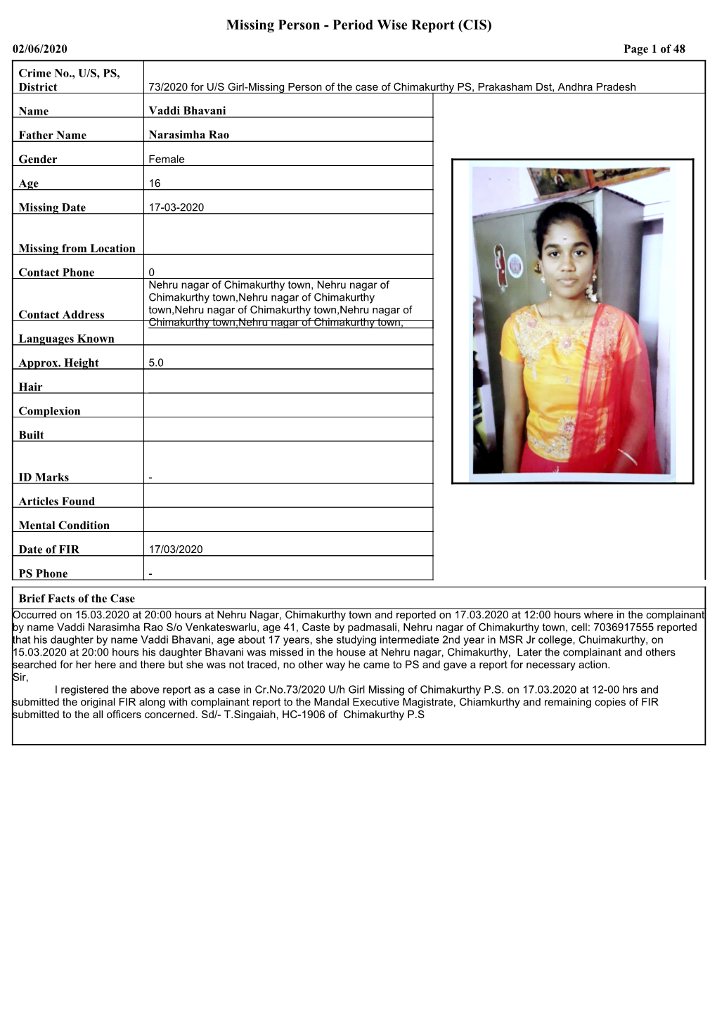 Missing Person - Period Wise Report (CIS) 02/06/2020 Page 1 of 48