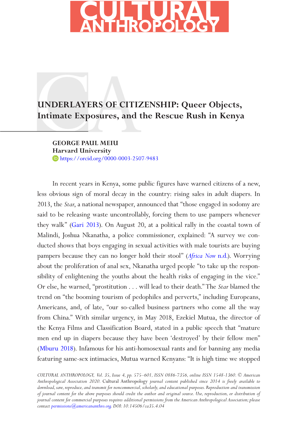 UNDERLAYERS of CITIZENSHIP: Queer Objects, Intimate Exposures, and the Rescue Rush in Kenya