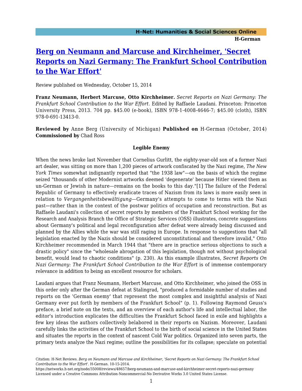 Berg on Neumann and Marcuse and Kirchheimer, 'Secret Reports on Nazi Germany: the Frankfurt School Contribution to the War Effort'