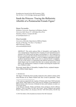Sarah the Princess: Tracing the Hellenistic Afterlife of a Pentateuchal Female Figure1
