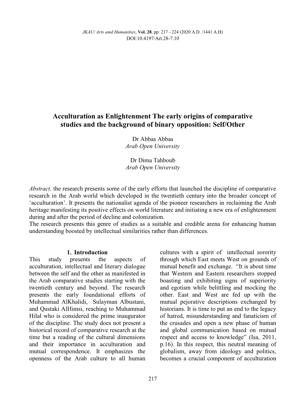 Acculturation As Enlightenment the Early Origins of Comparative Studies and the Background of Binary Opposition: Self/Other