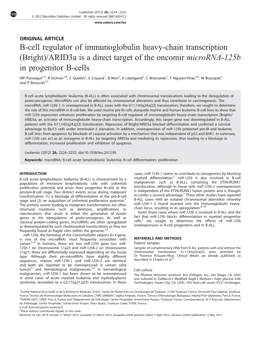 B-Cell Regulator of Immunoglobulin Heavy-Chain Transcription (Bright)/Arid3a Is a Direct Target of the Oncomir Microrna-125B in Progenitor B-Cells