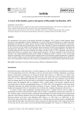 A Review of the Families, Genera and Species of Dicyemida Van Beneden, 1876