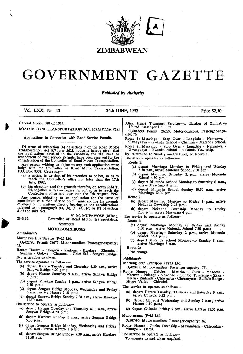 M ZIMBABWEAN GOVERNMENT GAZETTE