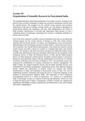 Lecture 29 Organization of Scientific Research in Postcolonial India
