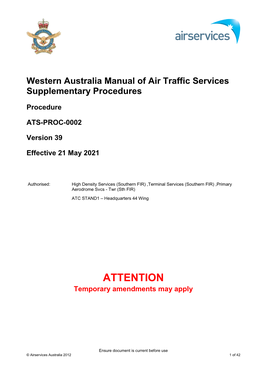 Western Australia Manual of Air Traffic Services Supplementary Procedures