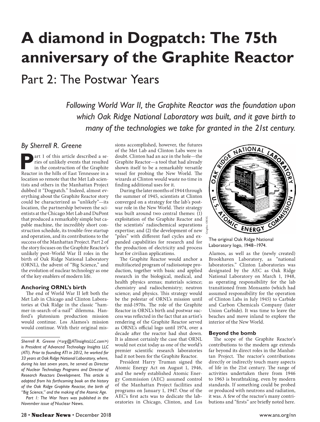 A Diamond in Dogpatch: the 75Th Anniversary of the Graphite Reactor Part 2: the Postwar Years