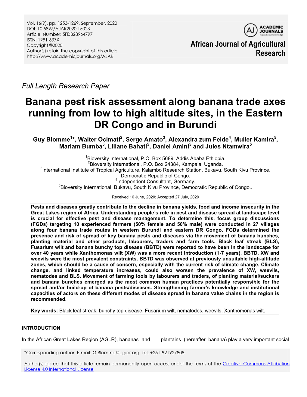 Article Banana Pest Risk Assessment Along Banana Trade Axes Running