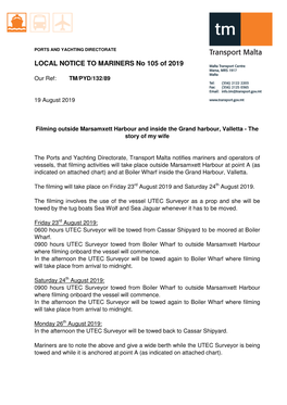 LOCAL NOTICE to MARINERS No 105 of 2019