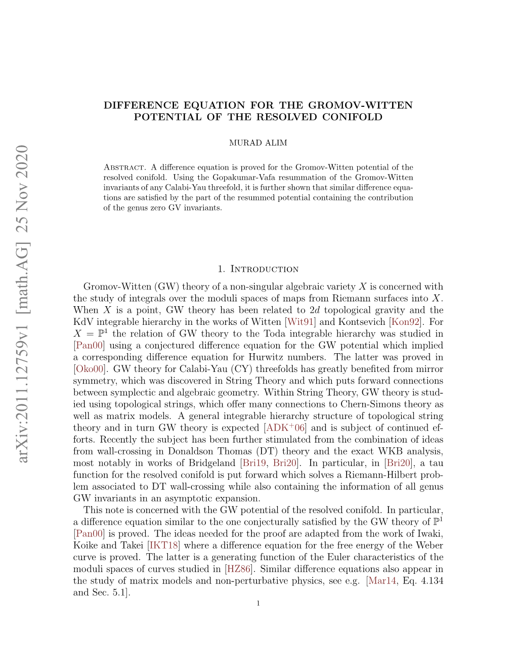 Difference Equation for the Gromov-Witten Potential of the Resolved Conifold3