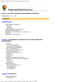 NPS Office of Policy: NPS-28, Cultural Resource Management (Contents)