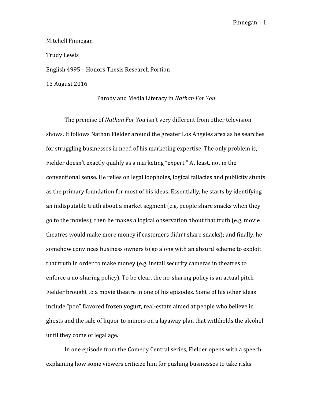 Honors Thesis Research Portion 13 August 2016 Parody