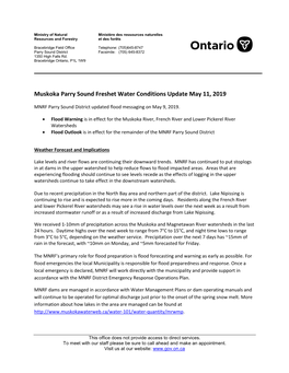 Muskoka Parry Sound Freshet Water Conditions Update May 11, 2019