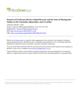 Patterns of Freshwater Bivalve Global Diversity and the State of Phylogenetic Studies on the Unionoida, Sphaeriidae, and Cyrenidae Author(S): Daniel L