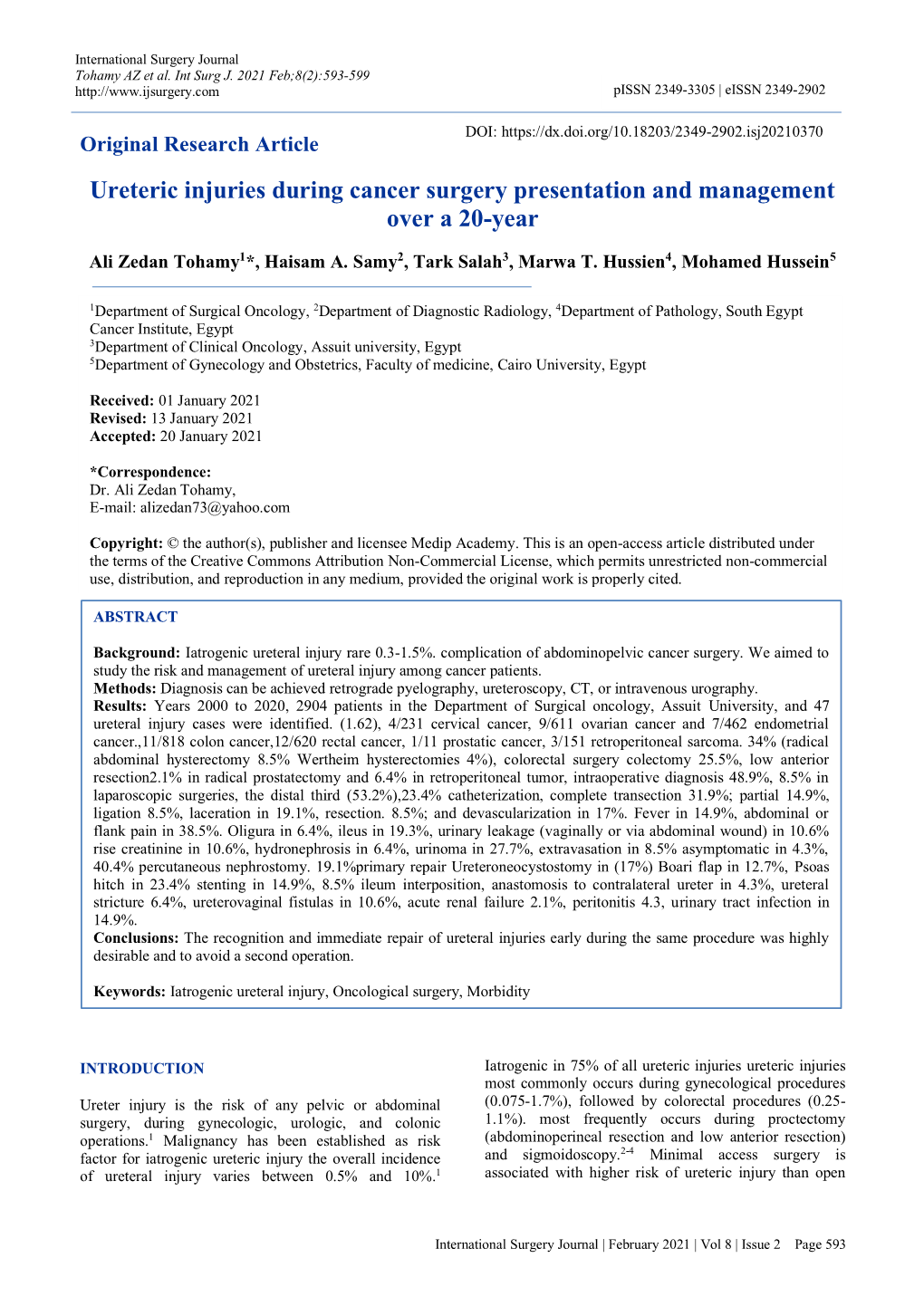 Ureteric Injuries During Cancer Surgery Presentation and Management Over a 20-Year