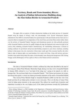 Territory, Roads and Trans-Boundary Rivers: an Analysis of Indian Infrastructure Building Along the Sino-Indian Border in Arunachal Pradesh