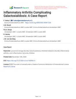 In Ammatory Arthritis Complicating Galactosialidosis