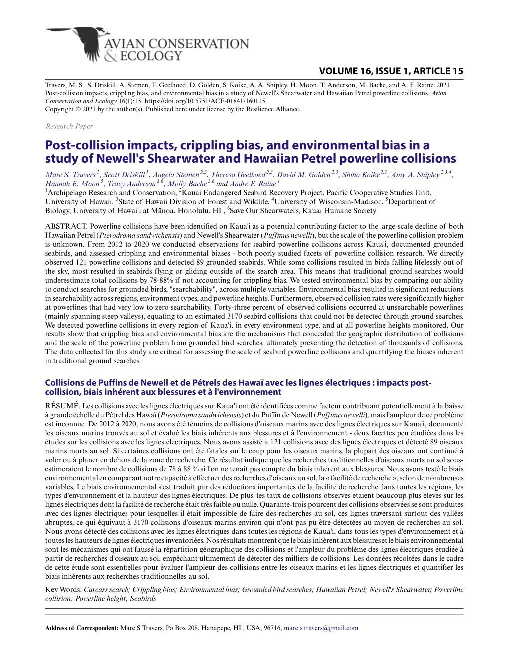 Post-Collision Impacts, Crippling Bias, and Environmental Bias in a Study of Newell's Shearwater and Hawaiian Petrel Powerline Collisions